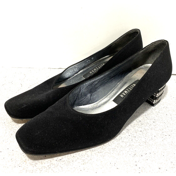 Stuart Weitzman dressy black satin pumps shoe rhinestone cover block heels 7.5 B - Picture 4 of 10